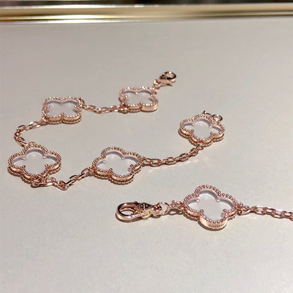 [Vicky]CLOVER 5 MOTIF ROCK CRYSTAL PINK GOLD BRACELET
