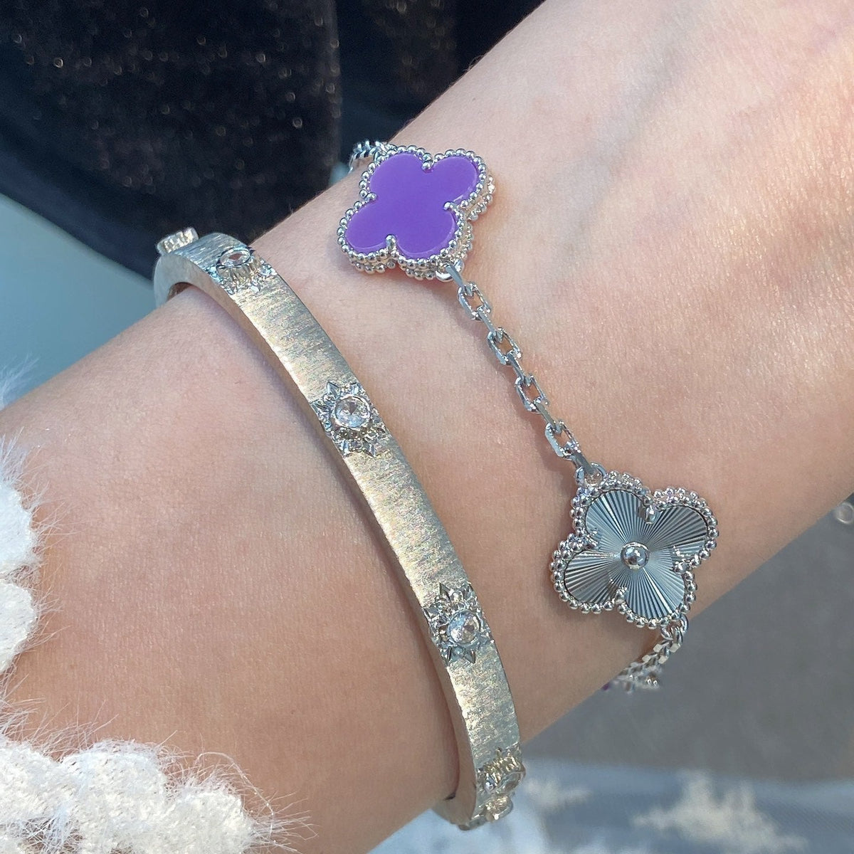 [Royal&Vicky]CLOVER  5 MOTIFS  PURPLE VIOLET BRACELET SILVER