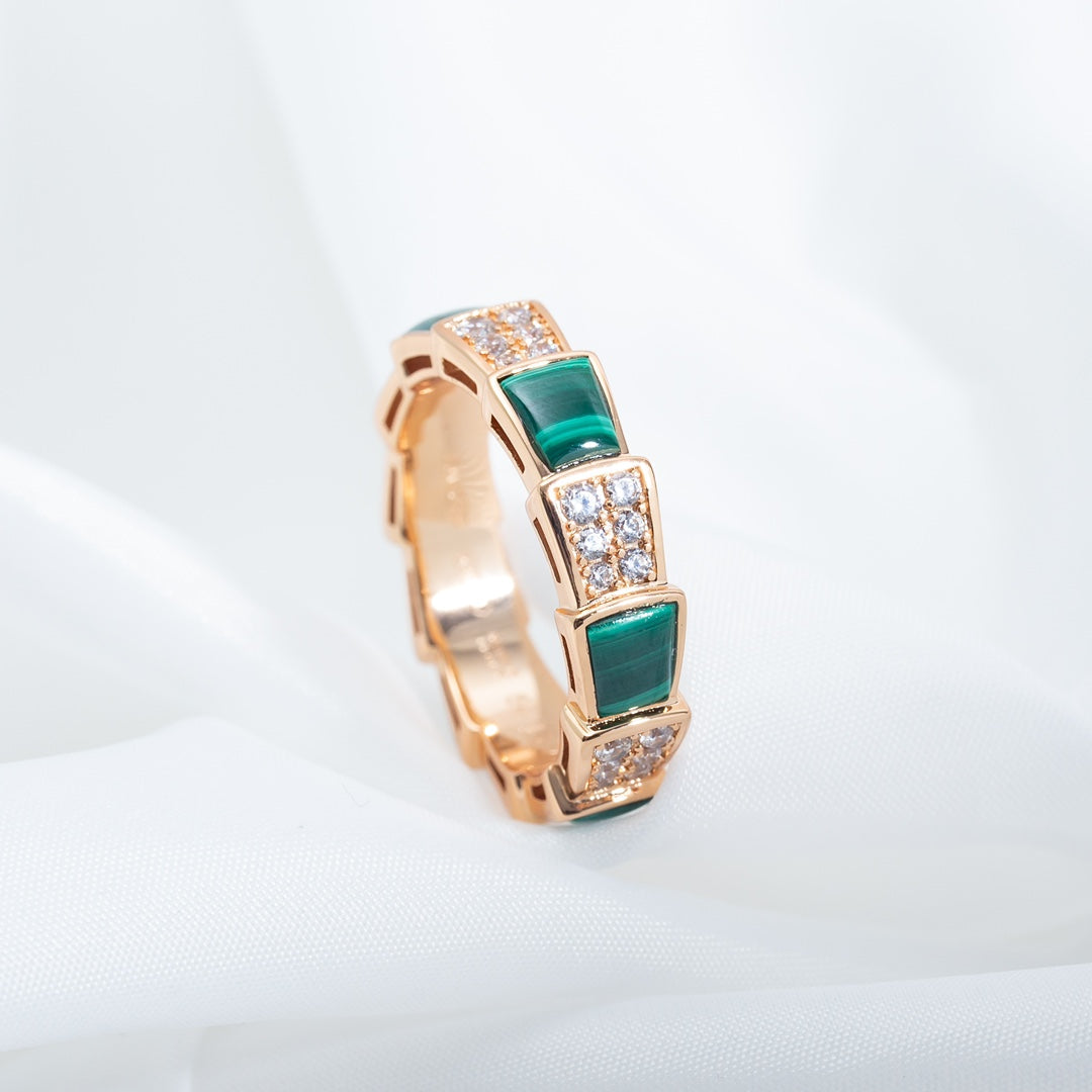 [Vicky]SERPENTI RING PINK GOLD MALACHITE DIAMOND PAVED 4MM