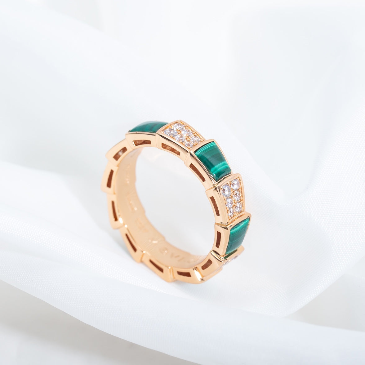 [Vicky]SERPENTI RING PINK GOLD MALACHITE DIAMOND PAVED 4MM