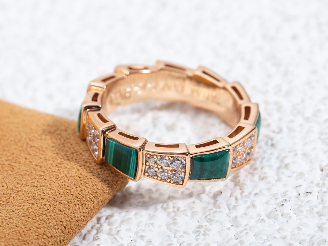 [Vicky]SERPENTI RING PINK GOLD MALACHITE DIAMOND PAVED 4MM