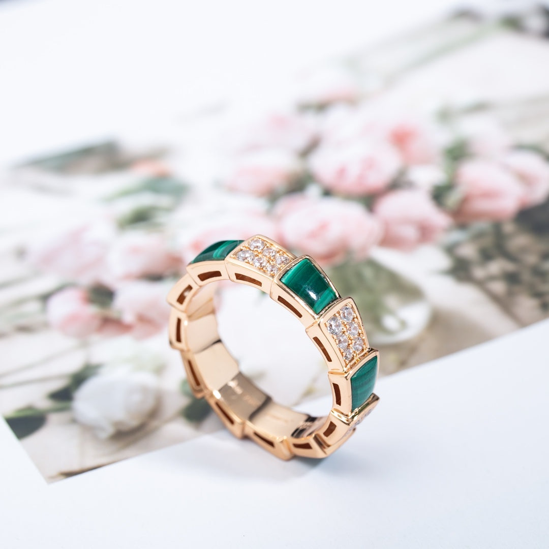 [Vicky]SERPENTI RING PINK GOLD MALACHITE DIAMOND PAVED 4MM