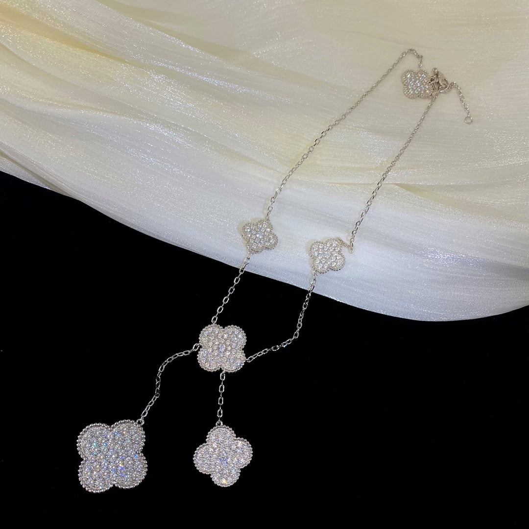 [Vicky]CLOVER 5 MOTIFS SILVER DIAMONDS NECKLACE