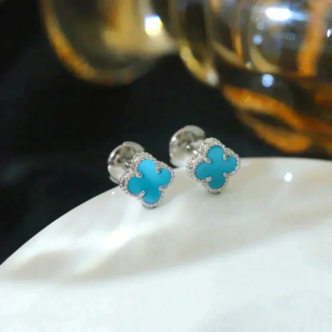 [Vicky]CLOVER MINI 9.5MM ONYX STUD EARRINGS SILVER
