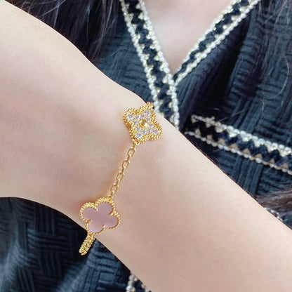 [Vicky]CLOVER 5 MOTIF DIAMOND PINK MOP PINK GOLD BRACELET