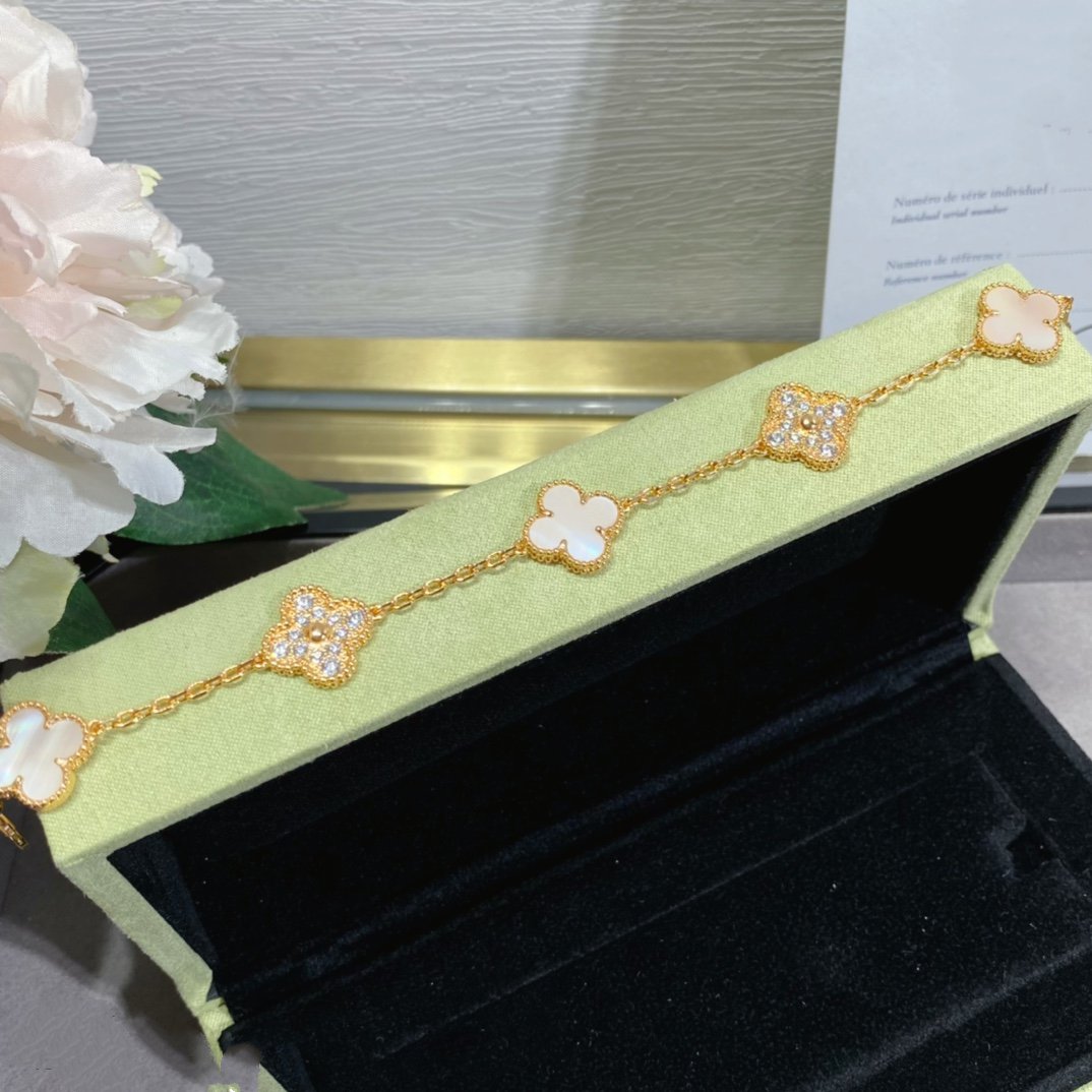 [Vicky]CLOVER 5 MOTIF DIAMOND PINK MOP PINK GOLD BRACELET