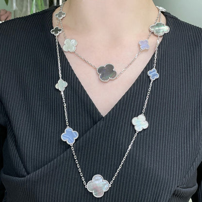 [Vicky]CLOVER 16 MOTIF CHALCEDONY MOP SILVER NECKLACE