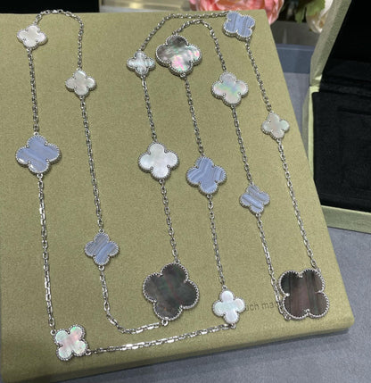 [Vicky]CLOVER 16 MOTIF CHALCEDONY MOP SILVER NECKLACE