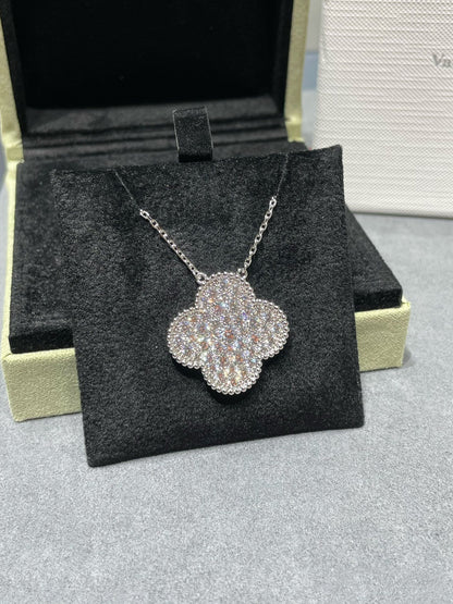 [Vicky]CLOVER 25MM LARGE PENDANT DIAMOND PAVED SILVER NECKLACE