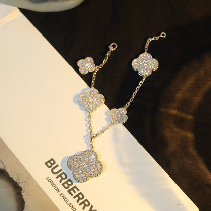 [Vicky]CLOVER BRACELET 5 MOTIF SILVER DIAMOND PAVED