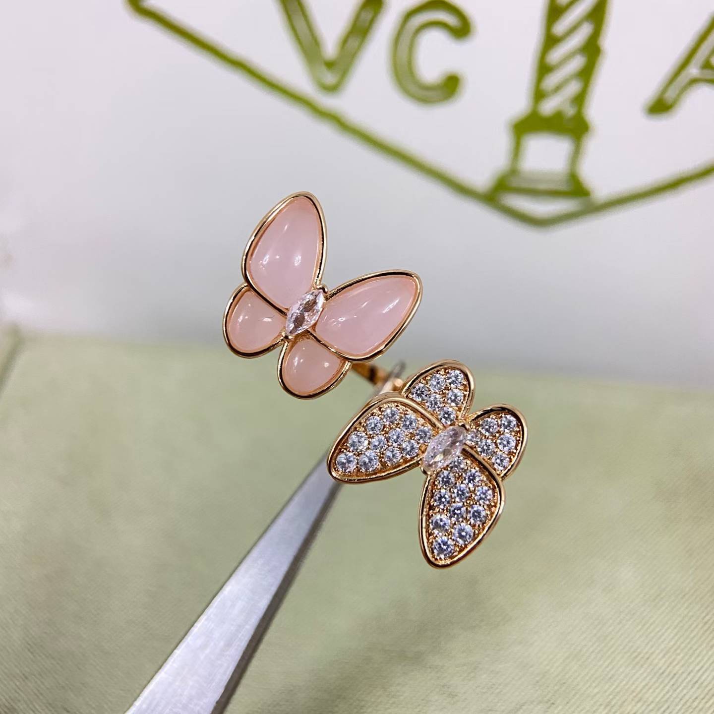[Vicky]TWIN BUTTERFLY NEW DIAMOND & PINK BUTTERFLY RING