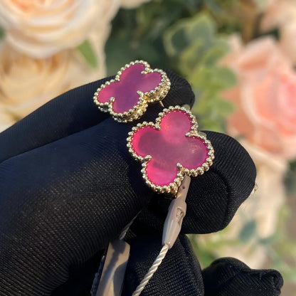[Vicky]NEW CLOVER 15MM PINK ENAMEL STUD EARRINGS