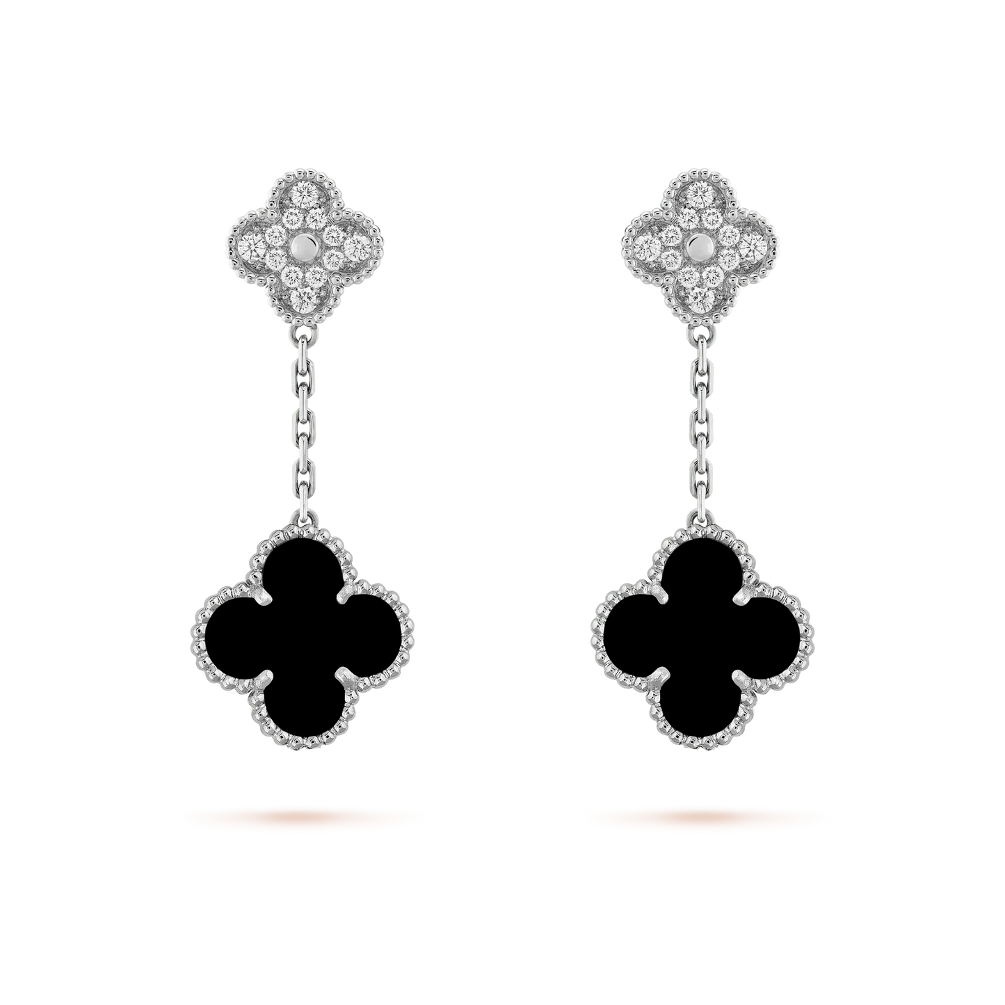 [Vicky]CLOVER 2 MOTIFS  DIAMOND ONYX EARRINGS SILVER