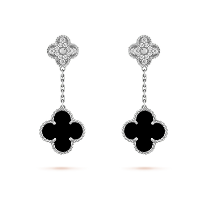 [Vicky]CLOVER 2 MOTIFS  DIAMOND ONYX EARRINGS SILVER