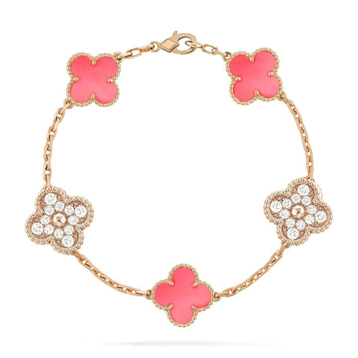 [Vicky]CLOVER 5 MOTIF DIAMOND PINK MOP PINK GOLD BRACELET
