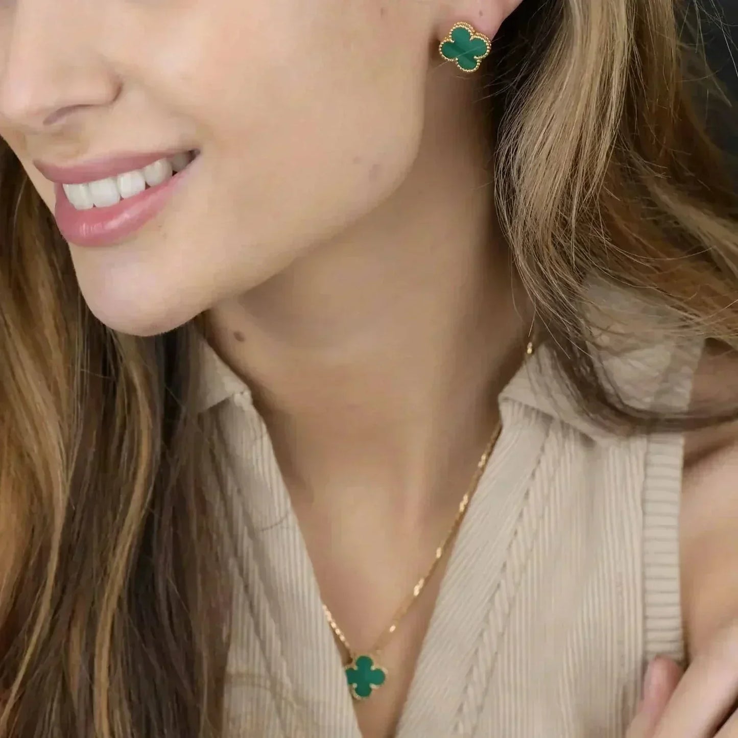 [Vicky]CLOVER MINI 9.5MM MALACHITE  EARRINGS