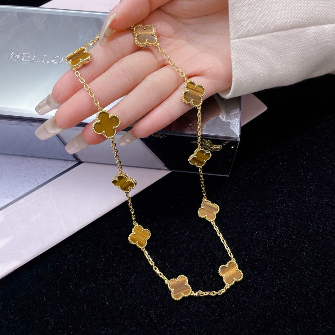 [Royal&Vicky]CLOVER 10 MOTIFS TIGER EYE NECKLACE