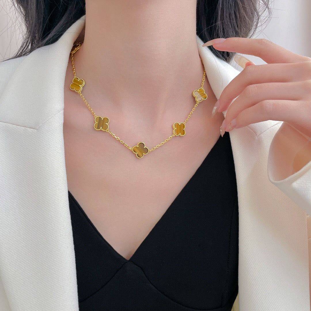 [Royal&Vicky]CLOVER 10 MOTIFS TIGER EYE NECKLACE