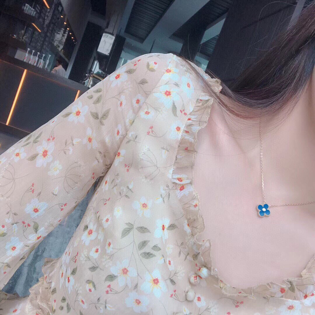 [Vicky]CLOVER 15MM DIAMOND AND BLUE AGATE NECKLACE