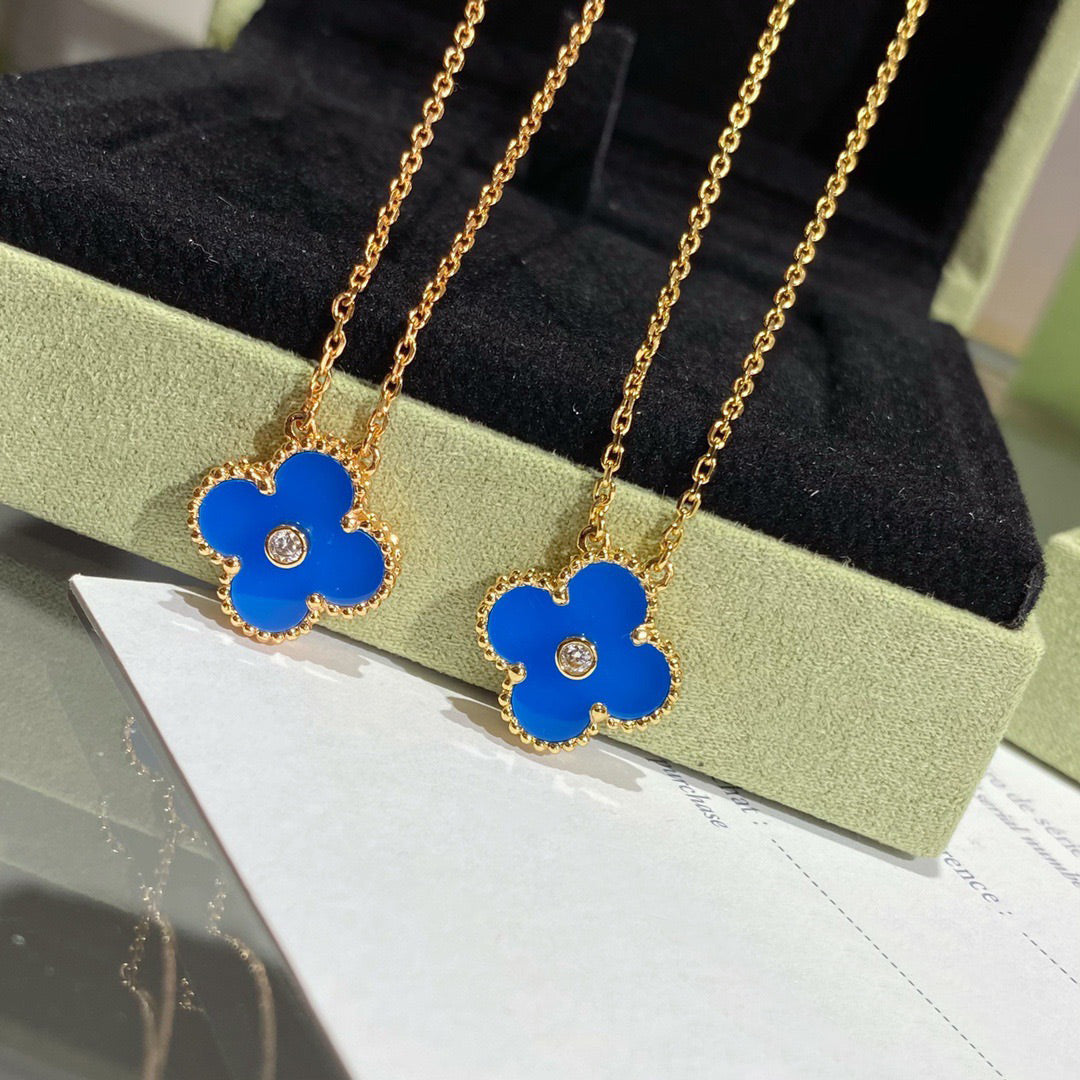 [Vicky]CLOVER 15MM DIAMOND AND BLUE AGATE NECKLACE