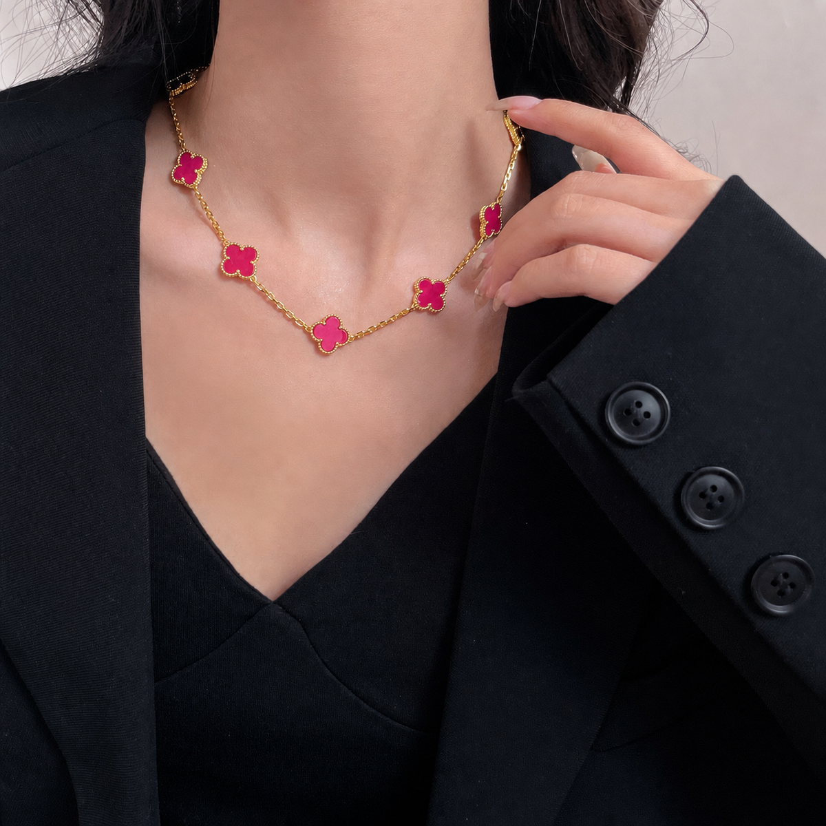 [Vicky]NEW CLOVER 10 MOTIFS PINK ENAMEL NECKLACE