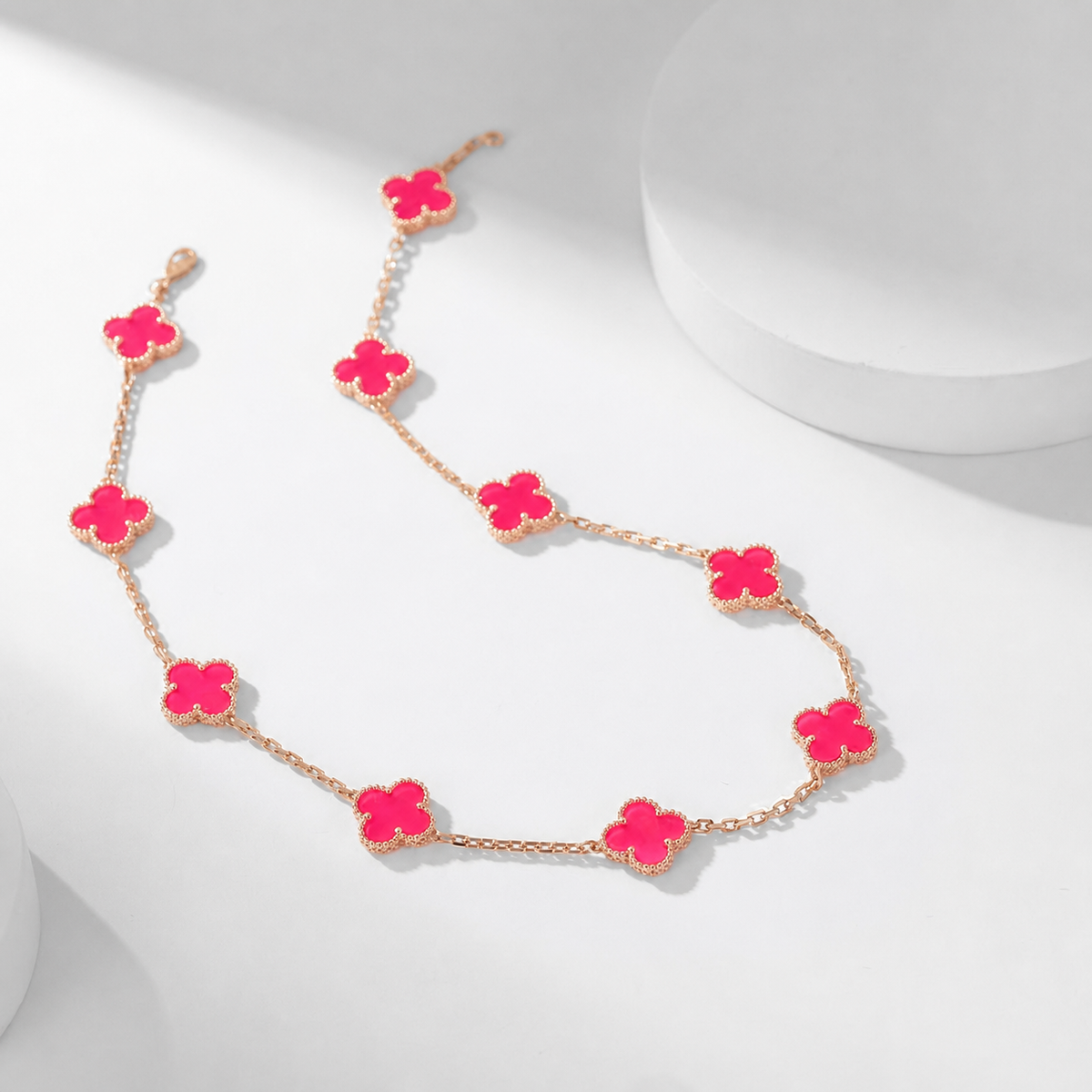 [Vicky]NEW CLOVER 10 MOTIFS PINK ENAMEL NECKLACE