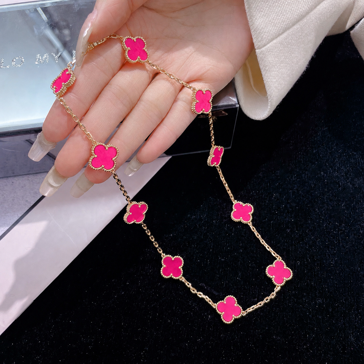 [Vicky]NEW CLOVER 10 MOTIFS PINK ENAMEL NECKLACE