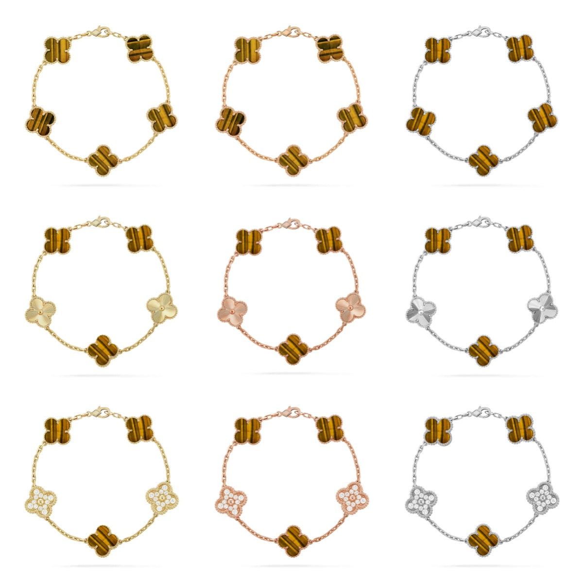 [Vicky] CLOVER 5 MOTIFS TIGER EYE BRACELET COLLECTION