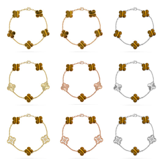 [Vicky] CLOVER 5 MOTIFS TIGER EYE BRACELET COLLECTION