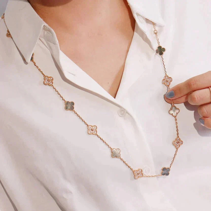 [Vicky]CLOVER 20 MOTIFS DARK MOP DIAMOND  NECKLACE
