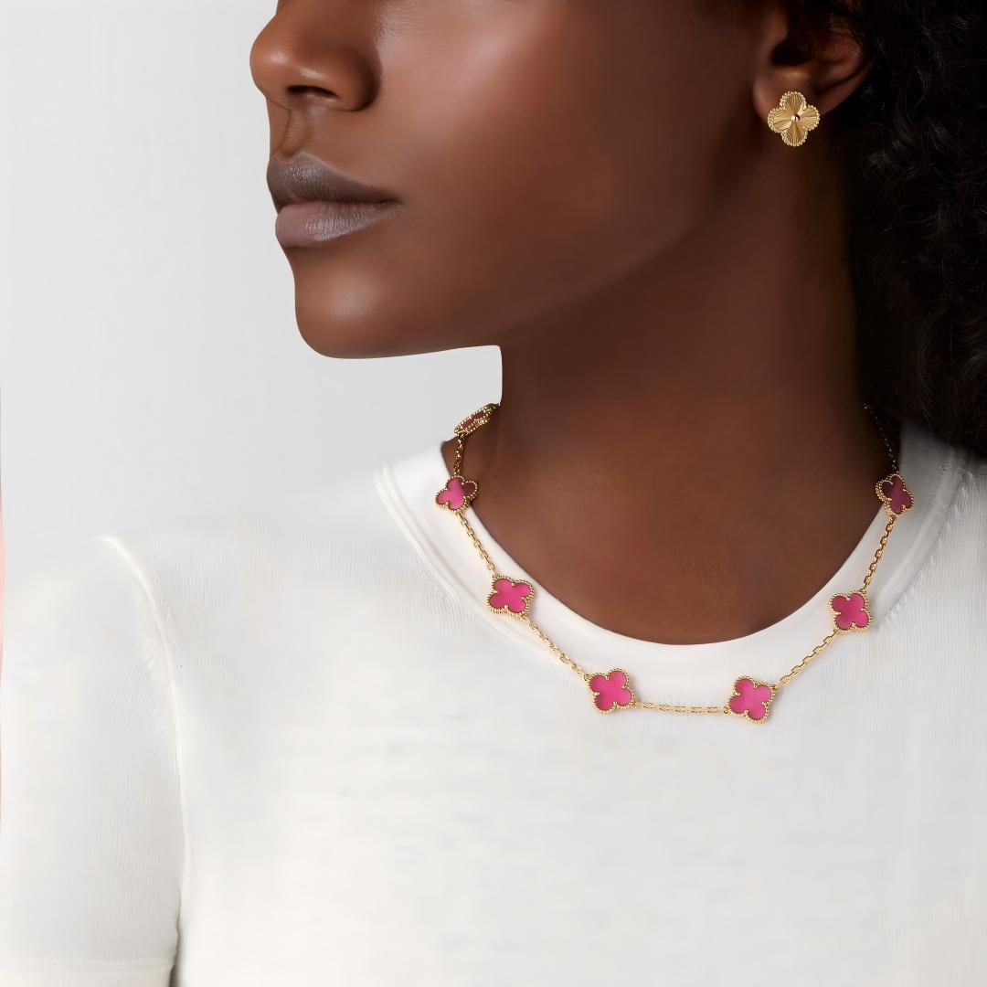 [Vicky]NEW CLOVER 10 MOTIFS PINK ENAMEL NECKLACE