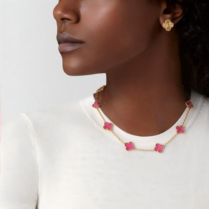 [Vicky]NEW CLOVER 10 MOTIFS PINK ENAMEL NECKLACE