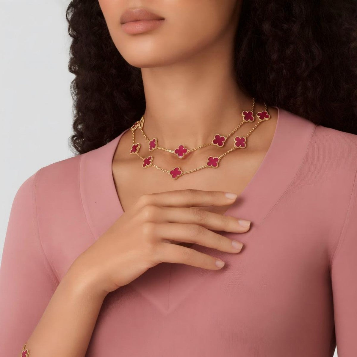 [Vicky] NEW CLOVER 20 MOTIFS PINK ENAMEL NECKLACE