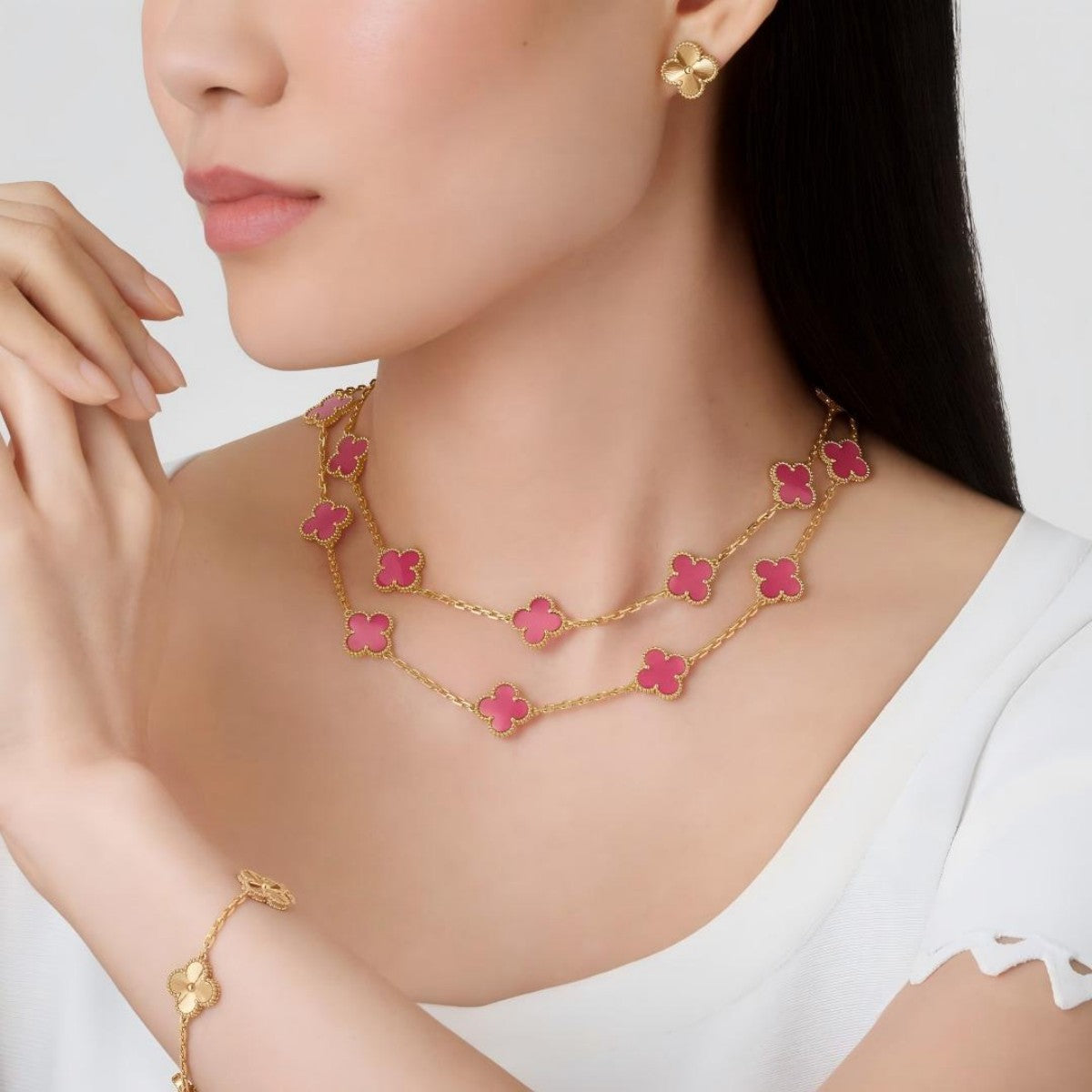 [Vicky] NEW CLOVER 20 MOTIFS PINK ENAMEL NECKLACE