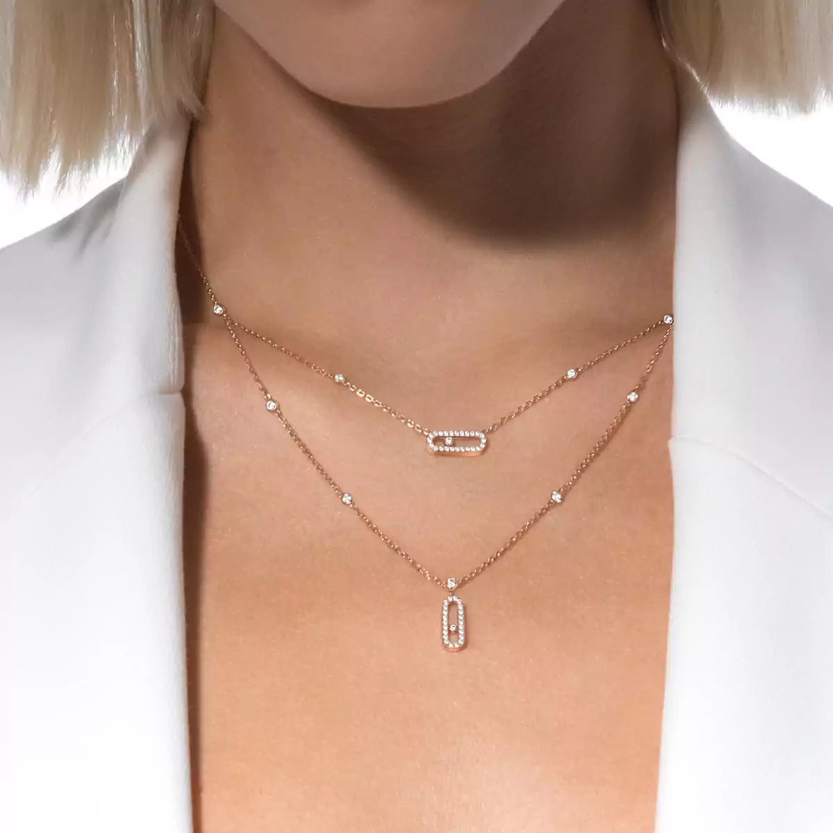 [Vicky]2 Rows Rose Gold Diamond Pave_ Necklace Move Uno
