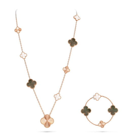 [Vicky]DETACHABLE CLOVER 15(11+4) FLOWER ROSE GOLD NECKLACE SET