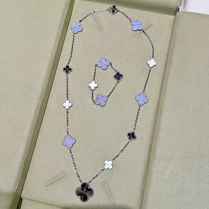 [Vicky]DETACHABLE CLOVER 15(11+4) FLOWER SILVER NECKLACE SET