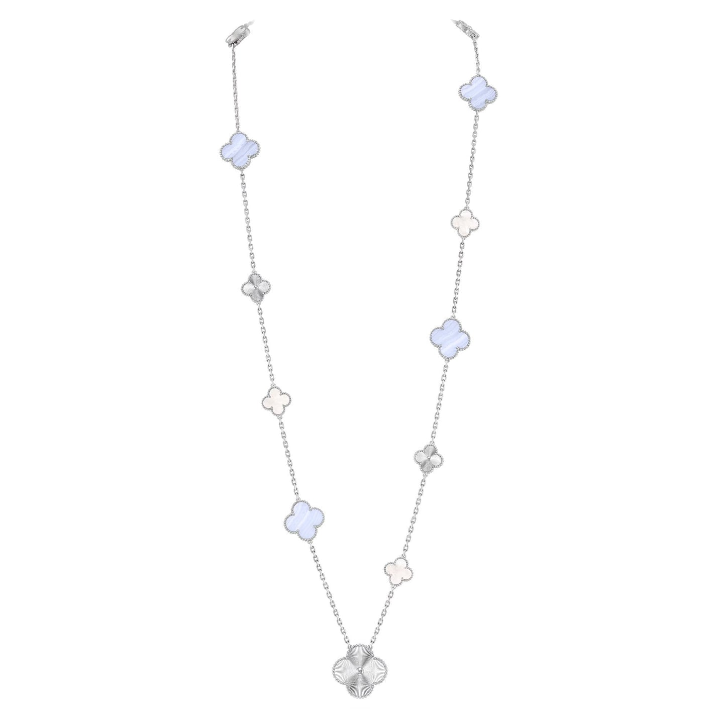 [Vicky]DETACHABLE CLOVER 15(11+4) FLOWER SILVER NECKLACE SET