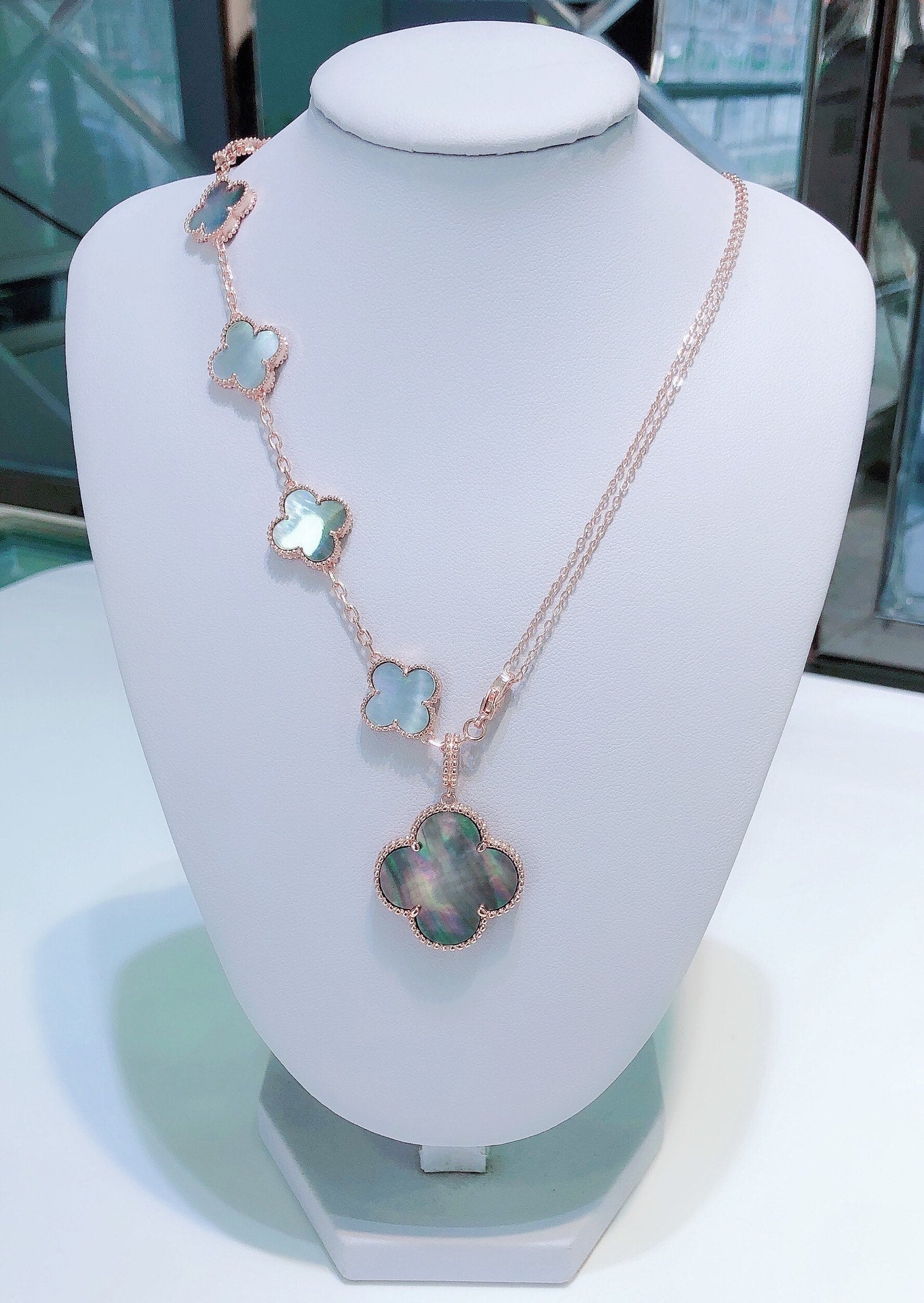 [Vicky]COMBINED BRACELET 5 MOTIFS AND NECKLACE DARK MOP ROSE GOLD